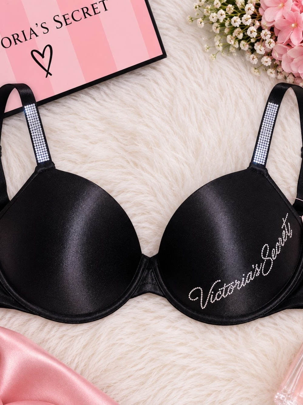 Victoria's Secret Logo Shine Strap Push-Up Bra Black NWT